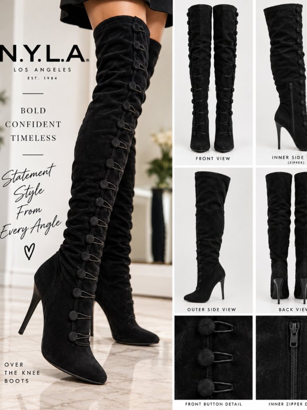 N.Y.L.A. Size 10 Black Over-the-Knee Stiletto Boots – Corset Button Detail